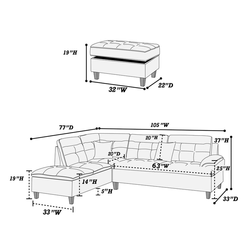 Poundex F6589 3 pc Sectional Set with Ottoman IMAGE 7