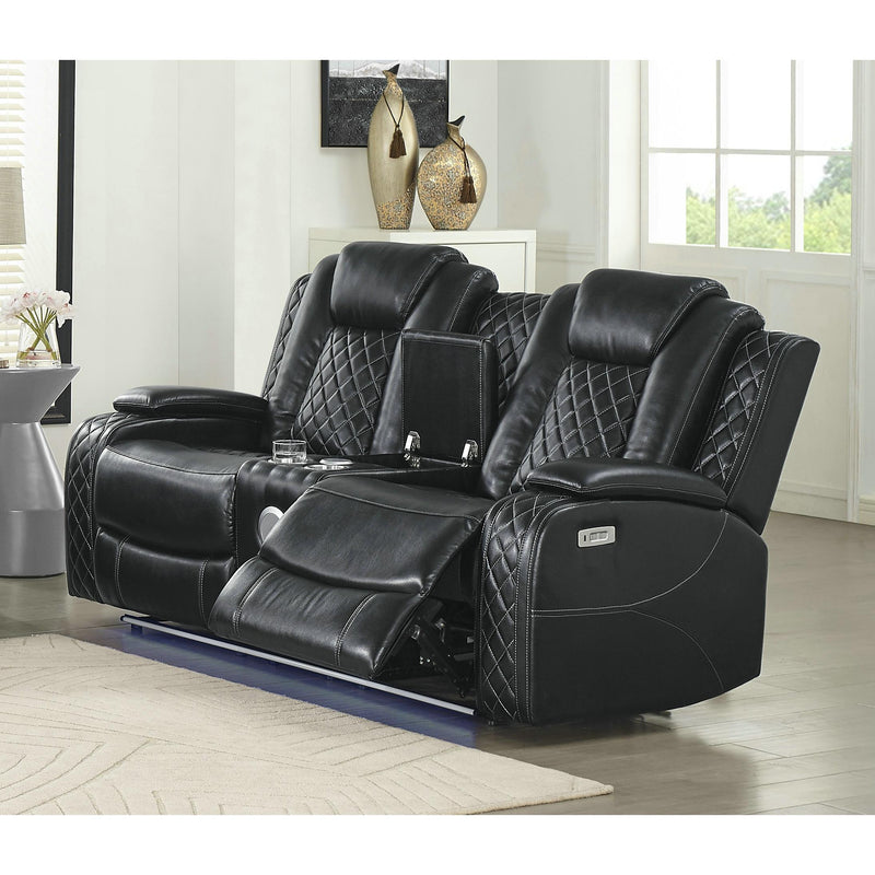 New Classic Furniture Orion Power Reclining Leather Look Loveseat U1769-25P2-BLK IMAGE 1