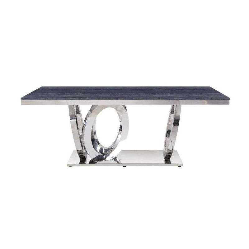 Acme Furniture Nasir Dining Table with Faux Marble Top and Pedestal Base 68255 IMAGE 3