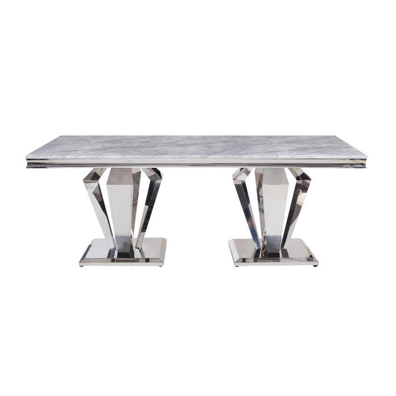 Acme Furniture Satinka Dining Table with Faux Marble Top and Pedestal Base 68265 IMAGE 3