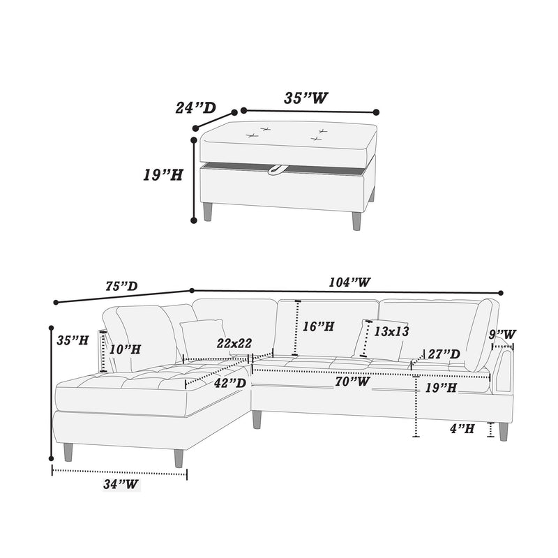 Poundex F8854 3 pc Sectional Set with Ottoman IMAGE 4