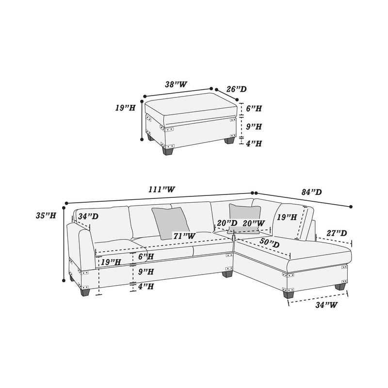 Poundex F8804 3 pc Sectional Set with Ottoman IMAGE 8